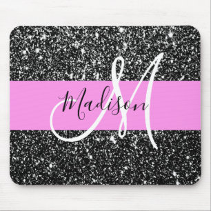 Tapis De Souris Glam Chic Rose Parties scintillant noire Nom de l'