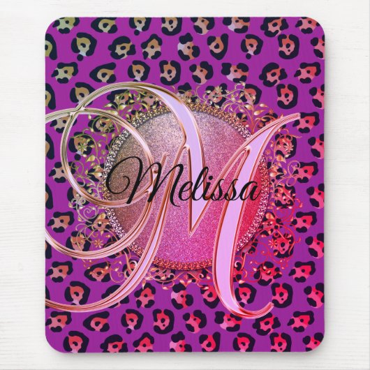 Tapis De Souris Glam Leopard rose et violet Monogramme (Devant)