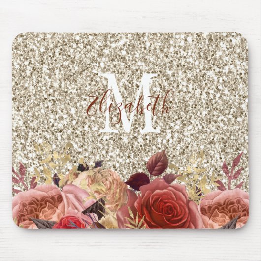 Tapis De Souris Glam Rose Gold Floral Monogram Glitter (Devant)