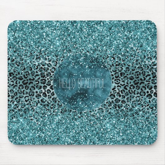 Tapis De Souris Glam Turquoise Turquoise Blue Empreinte de léopard (Devant)