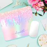 Tapis De Souris Glitter Iridescent unicorn rainbow monogram name<br><div class="desc">A trendy iridescent background with unicorn and rainbow pastel colors in pink, purple, rose gold, mint green. Decorated with faux glitter drips in rose gold, pink and purple. Personalize and add a name, written with a modern hand lettered style script with swashes. Purple colored letters. To keep the swashes only...</div>