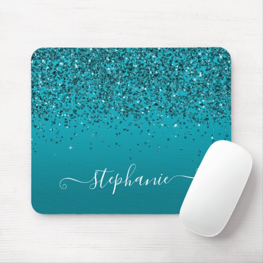 Tapis De Souris Glitterie Turquoise foncé Gradient Girly Calligrap (Avec souris)