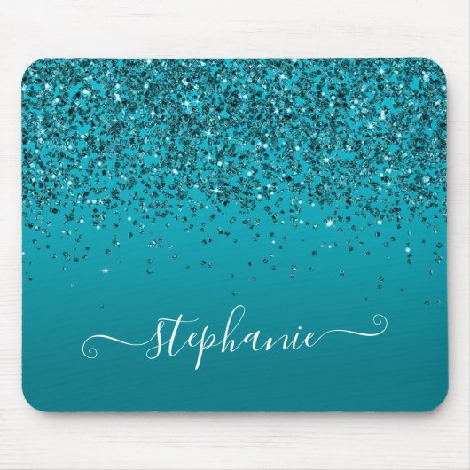 Tapis De Souris Glitterie Turquoise foncé Gradient Girly Calligrap (Devant)