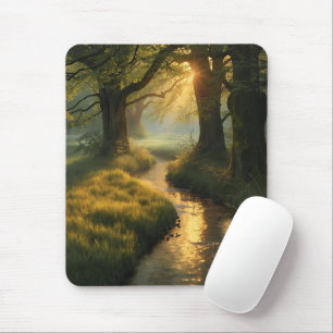 Tapis De Souris Golden Grove Sunrise – Forêt ensoleillée tranquill