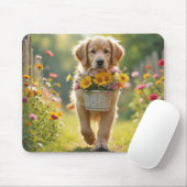 Tapis De Souris Golden Retriever à pied avec un panier à fleurs (Avec souris)