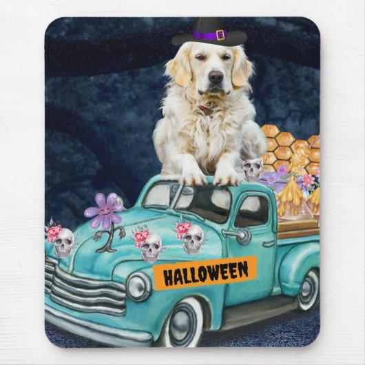 Tapis De Souris Golden Retriever Chien Halloween Camion Effrayant (Devant)