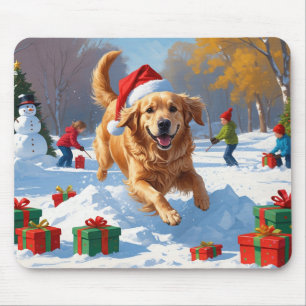 Tapis De Souris Golden Retriever dans la neige avec un chapeau de 