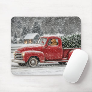 Tapis De Souris Golden Retriever de Noël dans un camion rétro