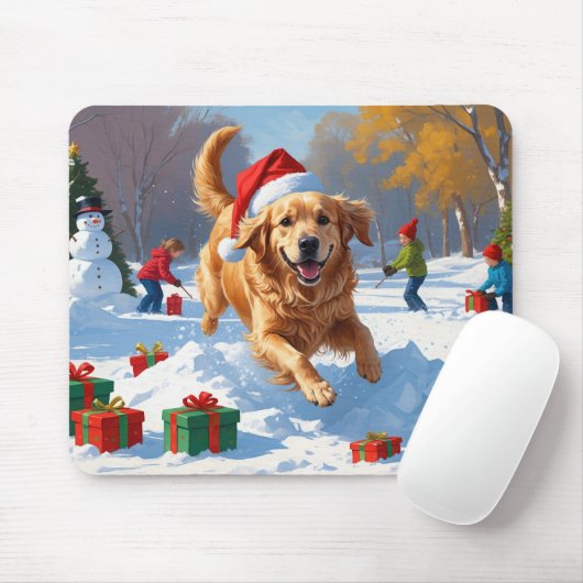 Tapis De Souris Golden Retriever en neige avec Casquette de Noël (Avec souris)