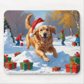 Tapis De Souris Golden Retriever en neige avec Casquette de Noël (Devant)