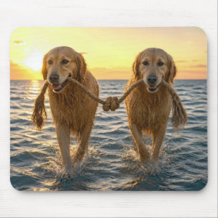 Tapis De Souris Golden Retrievers marchant avec une corde nouée