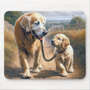 Tapis De Souris Golden Retrievers marchant sur une route de campag