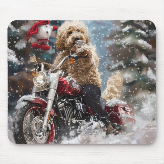 Tapis De Souris Goldendoodle Chien équitation Moto Noël (Devant)