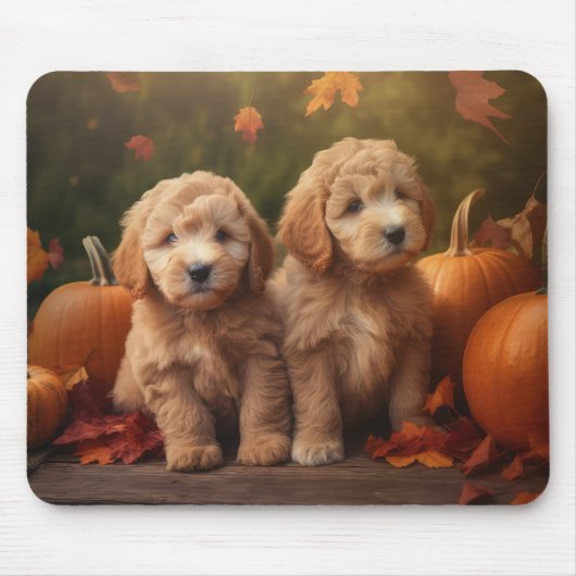 Tapis De Souris Goldendoodle Chiot Automne Citrouille délice (Devant)