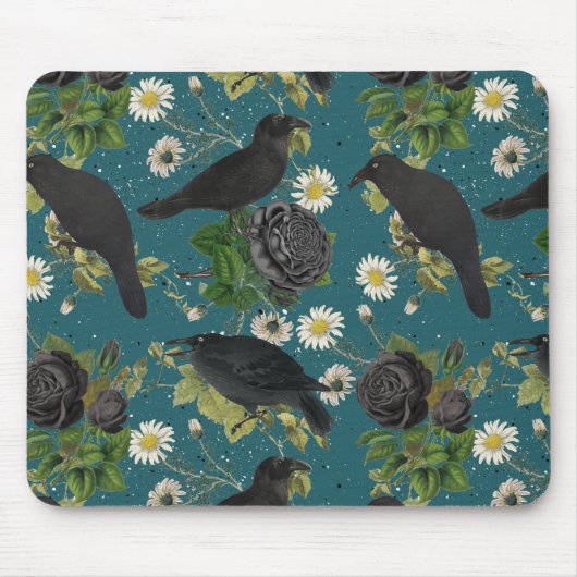 Tapis De Souris Goth Crows et Roses noirs Profond Turquoise Motif (Devant)