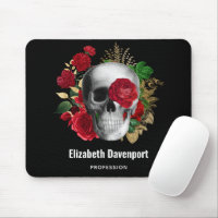 Goth Skull with Red Flowers & Gold Leaves