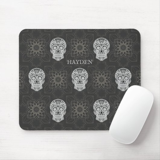 Tapis De Souris Gothic Sugar Skull and Grey Geometric Pattern (Avec souris)