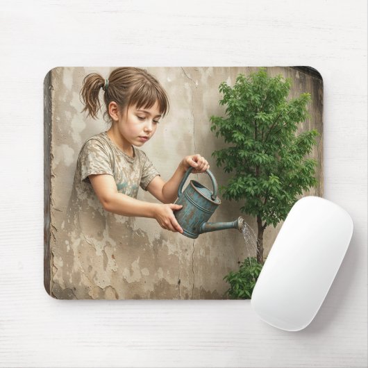 Tapis De Souris Graffiti Art of Young Girl Watering a City Tree (Avec souris)