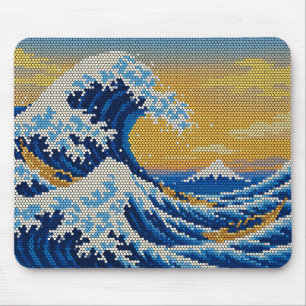 Tapis De Souris Grande Vague Mont Fuji Coucher de Soleil Pixel Art