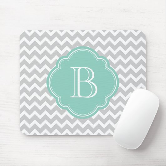 Tapis De Souris Gray and Aqua Modern Chevron Custom Monogramme (Avec souris)