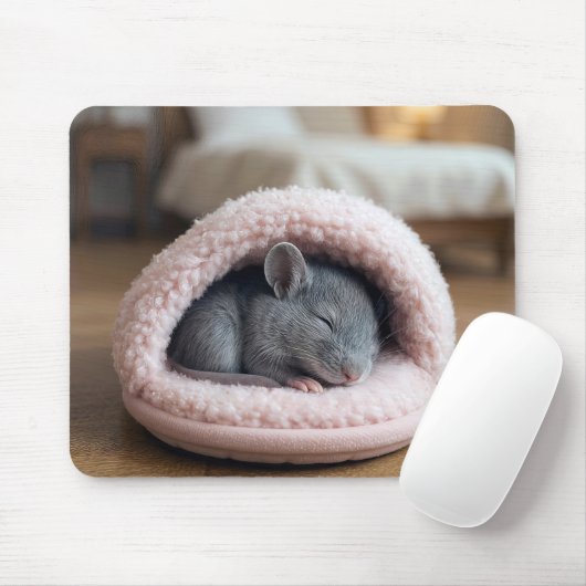 Tapis De Souris Gray Mouse Sleeping in a Pink Slipper (Avec souris)