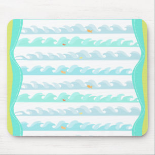 Tapis De Souris Green & Blue Digital Ocean Waves and Little Fish