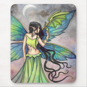 Tapis De Souris Green Fairy and Dragon Fantasy Art