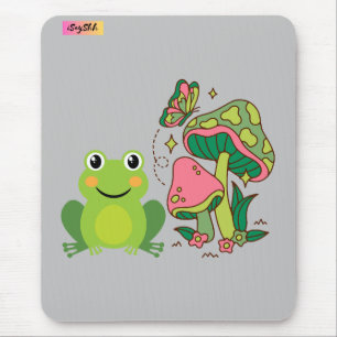 Tapis De Souris grenouille mignonne, champignons et papillon