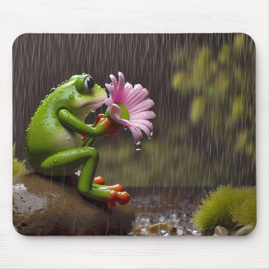 Tapis De Souris Grenouille verte tenant une marguerite rose (Devant)