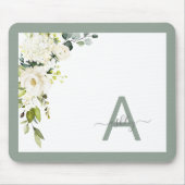 Tapis De Souris Gris Vert Floral Script Monogramme Nom initial (Devant)