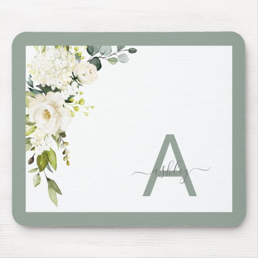 Tapis De Souris Gris Vert Floral Script Monogramme Nom initial (Devant)
