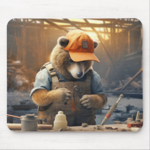 Tapis De Souris Grizzly Oear Animal Fun Work Handyman Happy Time