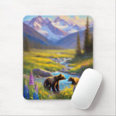Tapis De Souris Grizzly Oear Mountain Meadow Fleurs sauvages peint (Avec souris)