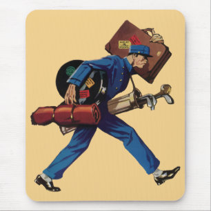Tapis De Souris Groom d'étage vintage en uniforme, valise et club