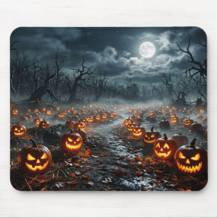 Tapis De Souris Halloween avec des arbres effrayants et des citrou