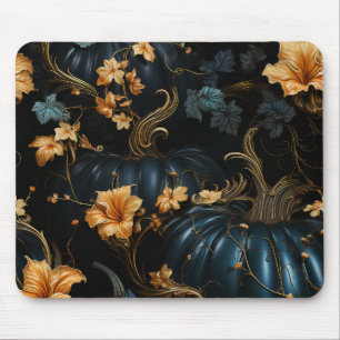 TAPIS DE SOURIS HALLOWEEN BLEU GOTHIQUE CITROUILLE FLEURS JAUNES