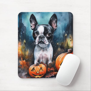 Tapis De Souris Halloween Boston Terrier avec la peur Citrouille