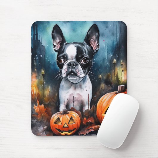 Tapis De Souris Halloween Boston Terrier avec la peur Citrouille (Avec souris)