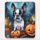 Tapis De Souris Halloween Boston Terrier avec la peur Citrouille (Devant)