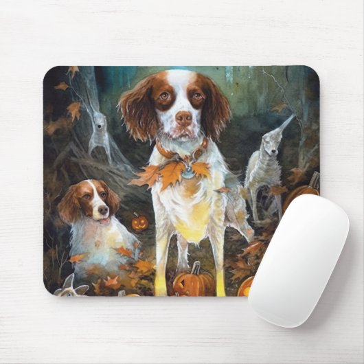 Tapis De Souris Halloween Brittany Spaniel With Pumpkins Scary (Avec souris)