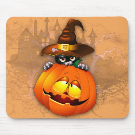 Tapis De Souris Halloween Cute Kitty Witch et ami Citrouille (Devant)