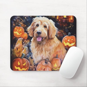 Tapis De Souris Halloween Goldendoodle avec citrouilles effrayant