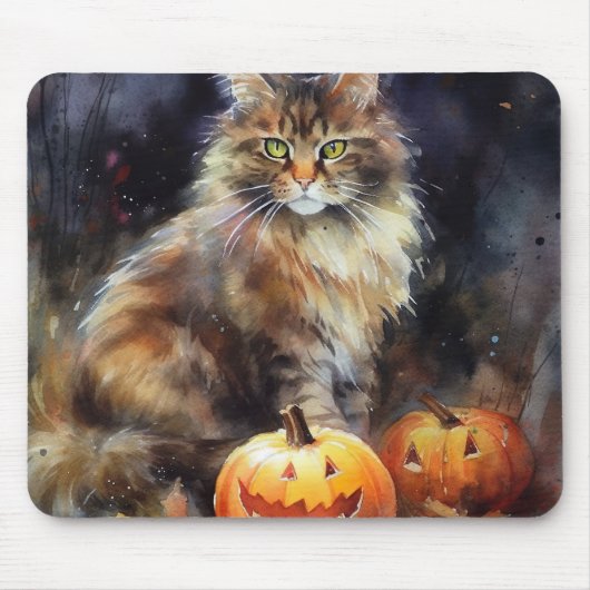Tapis De Souris Halloween Maine Coon Chat Avec Crainte Citrouille (Devant)