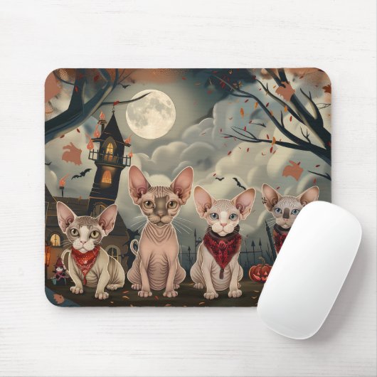 Tapis De Souris Halloween sphynx chats Éffrayant (Avec souris)