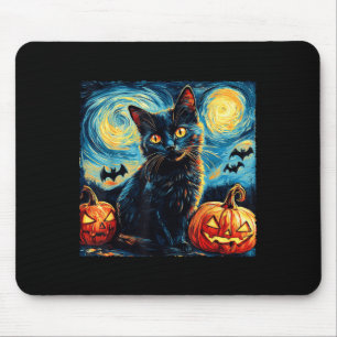 Tapis De Souris Halloween Van Gogh Nuit Étoilée Chat Noir Citrouil
