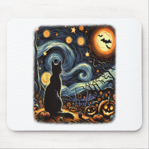 Tapis De Souris Halloween Van Gogh Starry Night Chat noir Citrouil