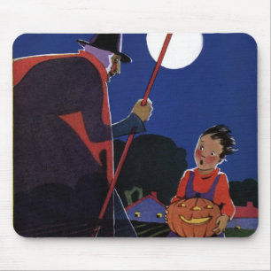 Tapis De Souris Halloween vintage, sorcière effrayante avec garçon