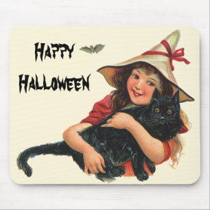 Tapis De Souris Halloween vintage, Sorcière fille avec chat noir