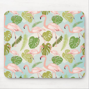 Tapis De Souris Hand drawn pink flamant and monstera leaves. Seam
