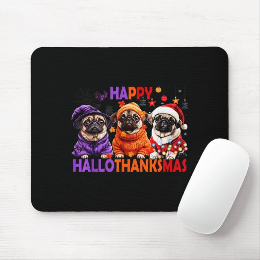 Tapis De Souris Happy Hallothanksmas Funny Pug Halloween Thanksgiv (Avec souris)